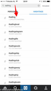 Het woord 'sailing' in het zoekscherm van de Instagram-app geeft een groot aantal bruikbare tags.