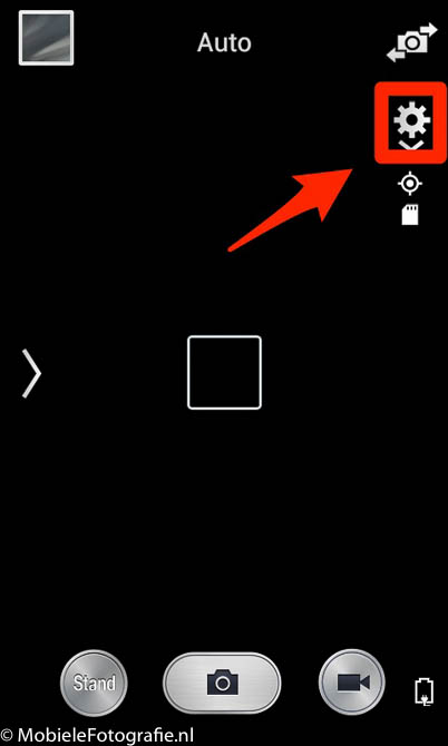 Android telefoon (Samsung): instelling symbool in de camera app.