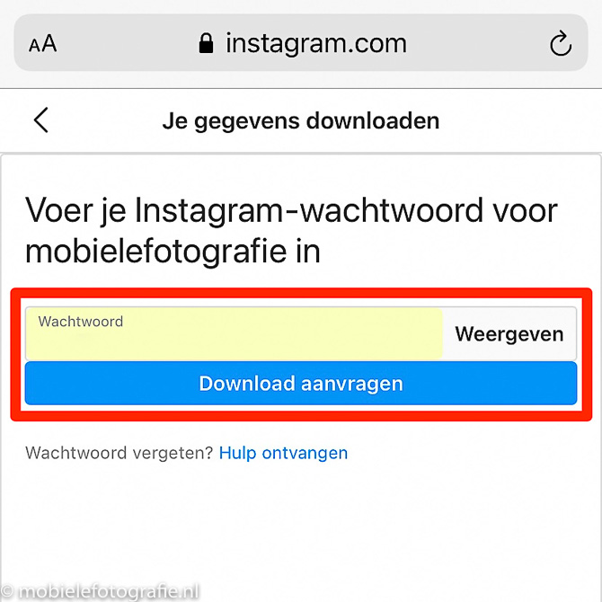 Instagram.com - wachtwoord invoeren