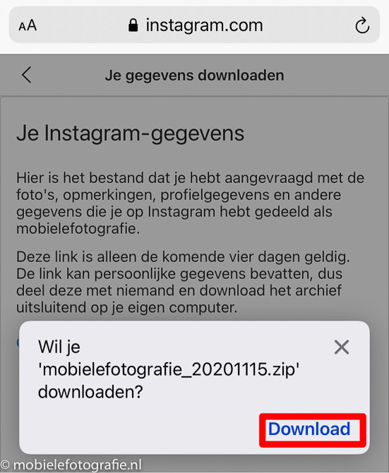 Instagram.com - downloaden zip file met gegevens