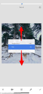 In Snapseed kan je binnen de witbalans zowel Temperatuur als Tint apart instellen.