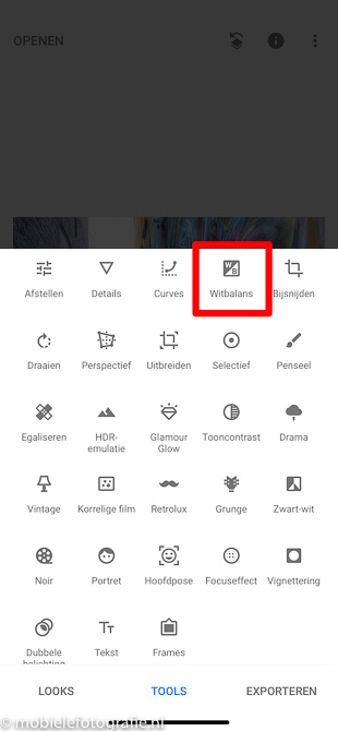Witbalans icoon in Snapseed app