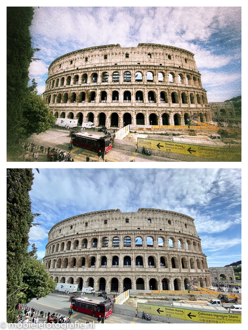 Het Colosseum in Rome met en zonder de Snapseed Grunge bewerking op mobielefotografie.nl